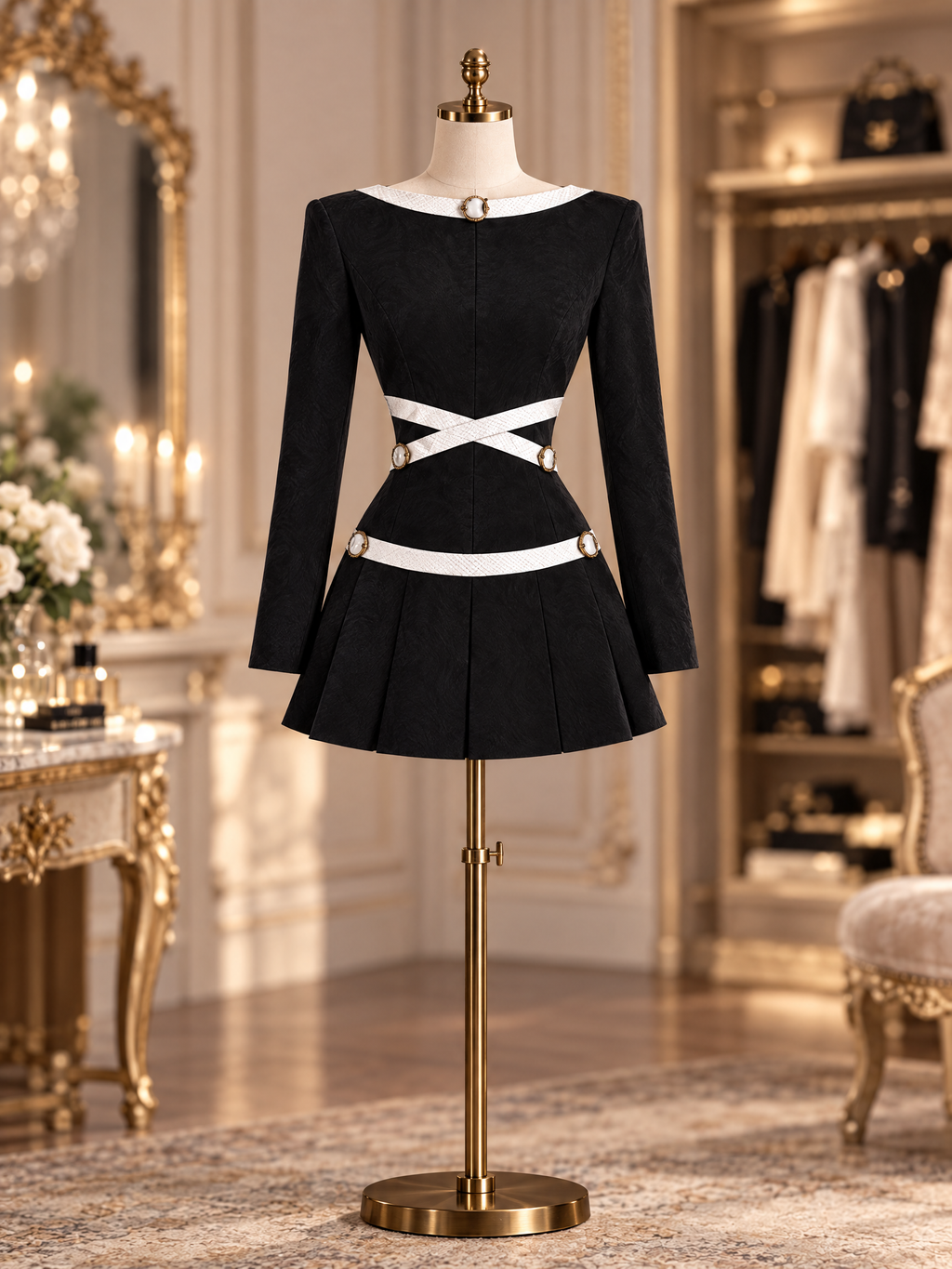 Vintage Black Contrast White Strap Long Sleeve Pleated Mini Dress