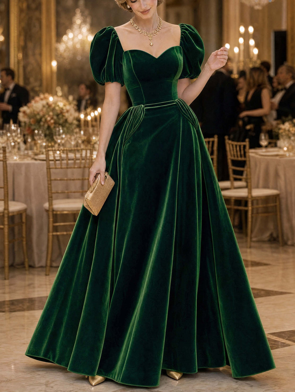 Vintage Emerald Velvet Maxi Evening Dress