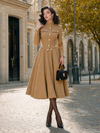 Retro Camel Military Midi Dress