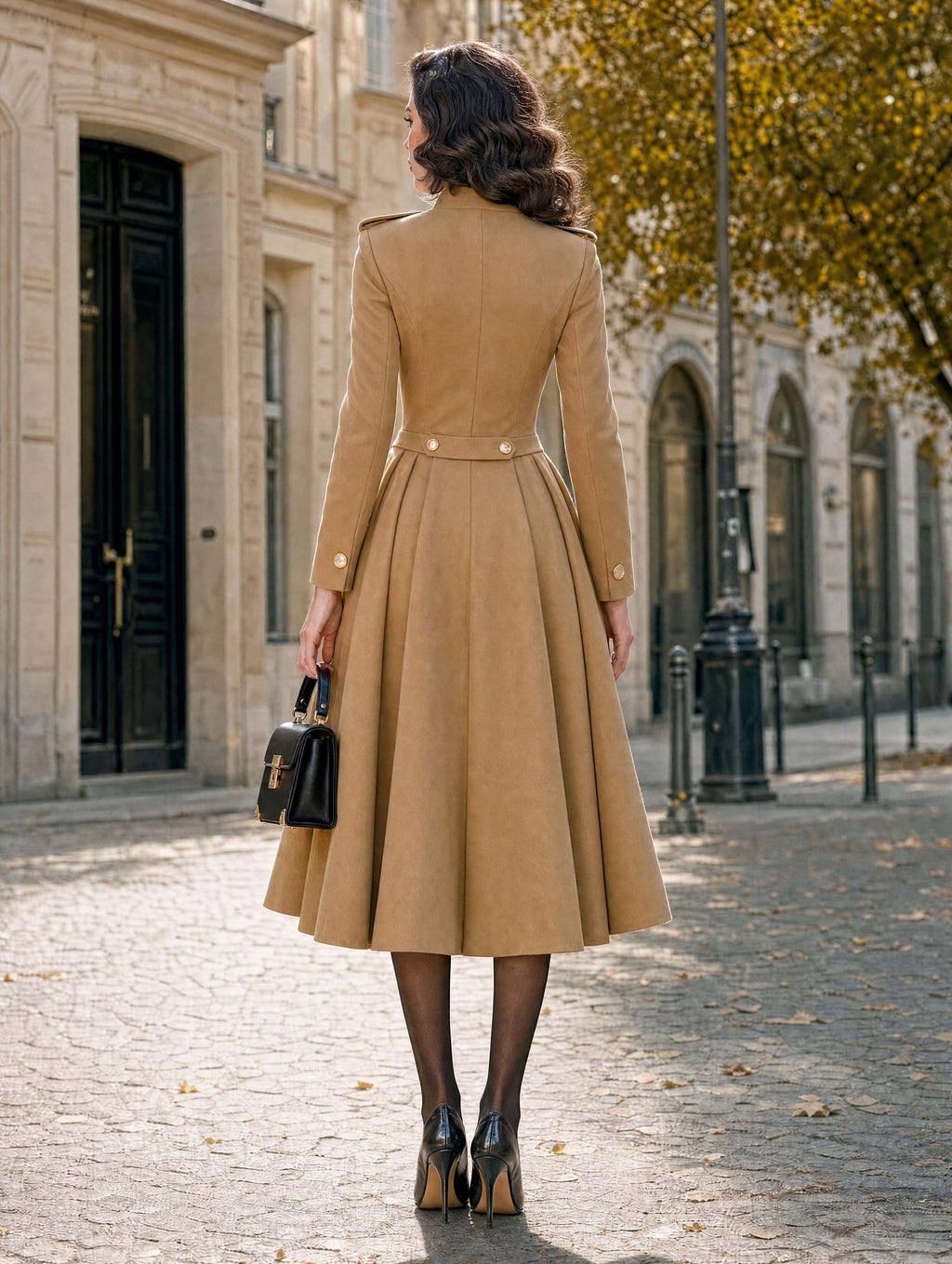 Retro Camel Military Midi Dress