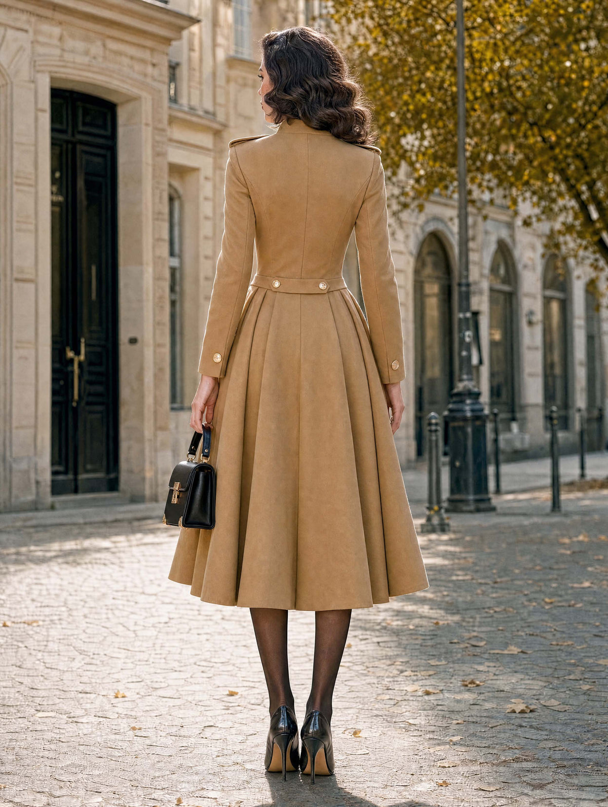 Retro Camel Military Midi Dress