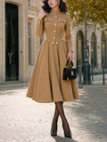 Retro Camel Military Midi Dress