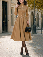 Retro Camel Military Midi Dress