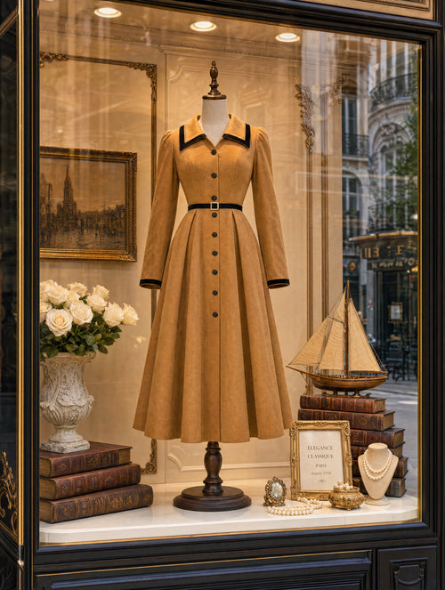 Retro Camel Velvet Trim Midi Dress