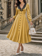 Retro Gold Lace Trim Midi Dress