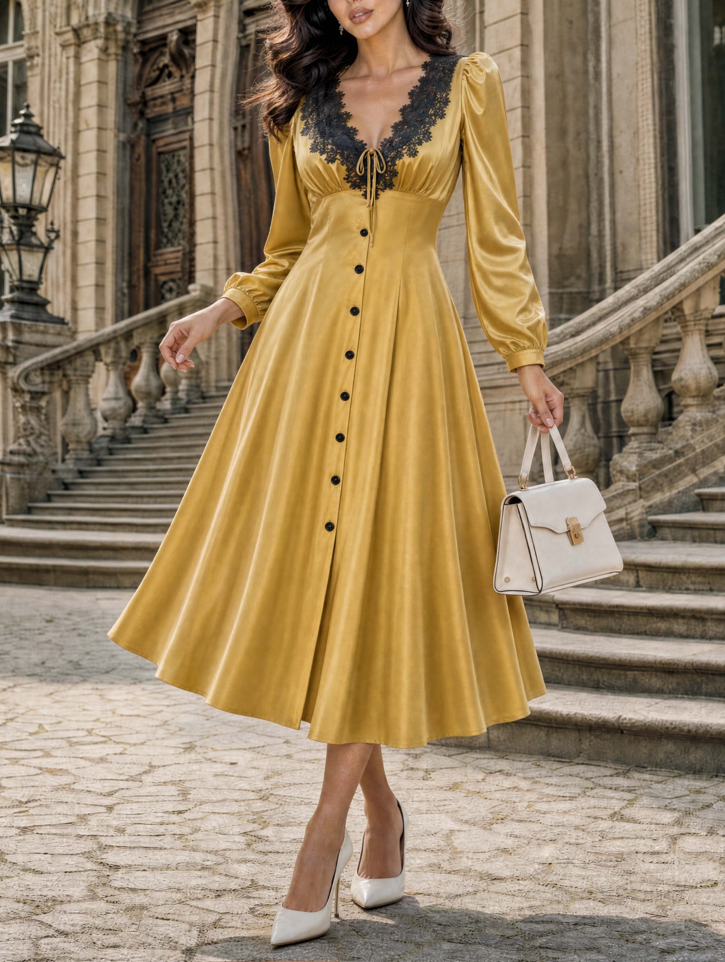 Retro Gold Lace Trim Midi Dress