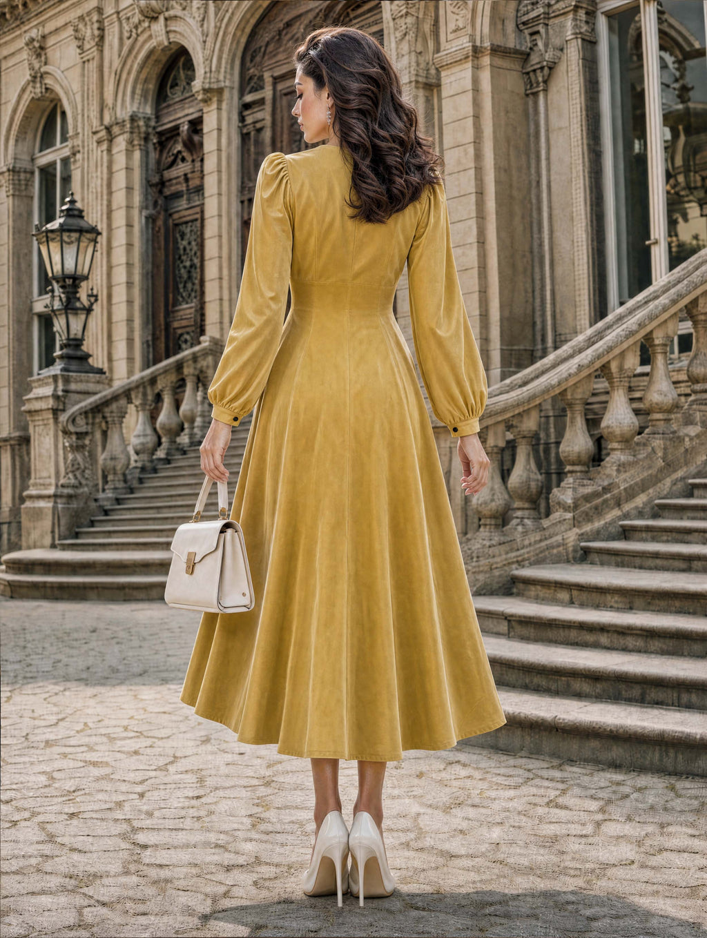 Retro Gold Lace Trim Midi Dress