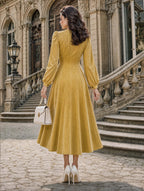 Retro Gold Lace Trim Midi Dress