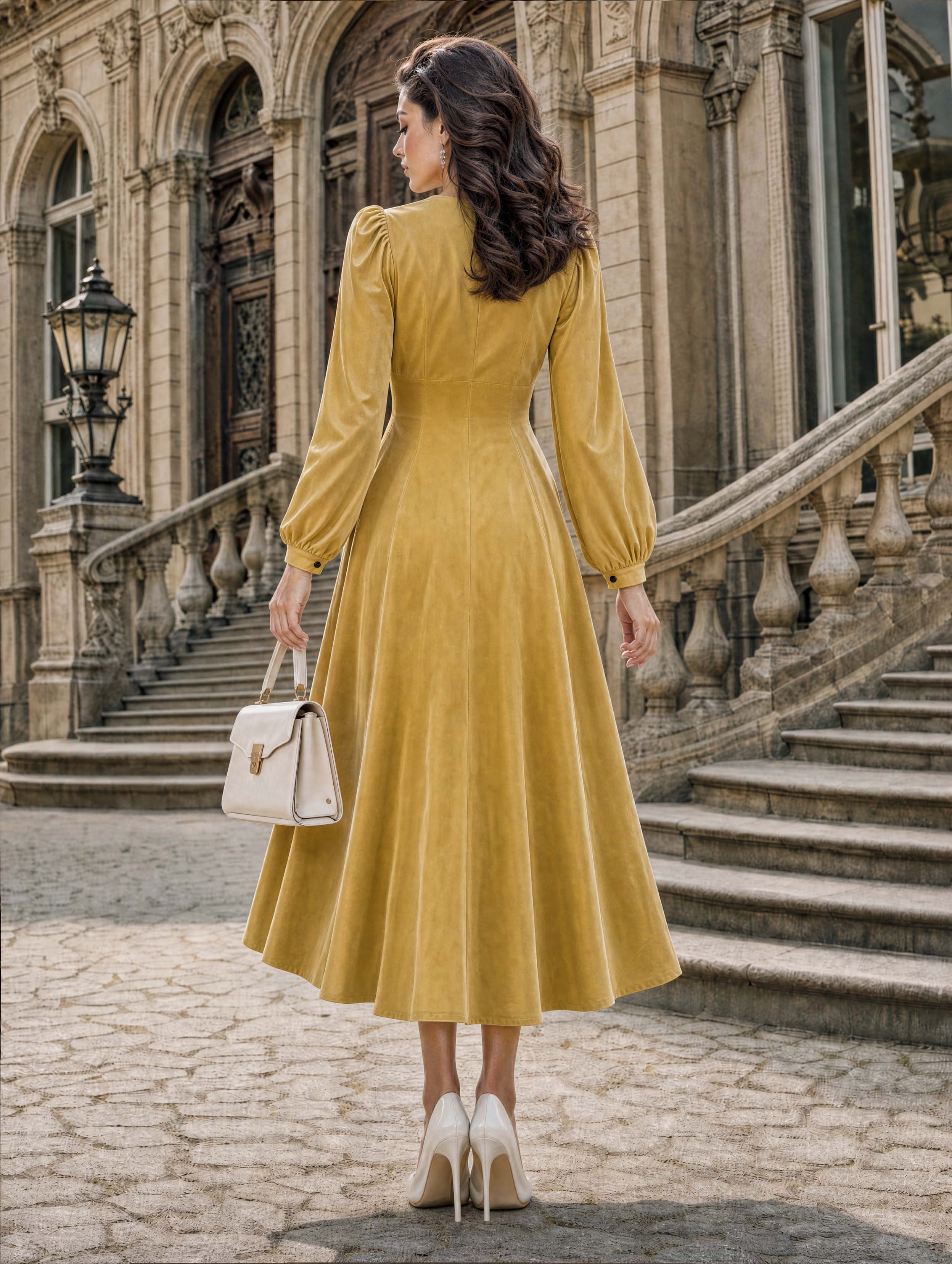 Retro Gold Lace Trim Midi Dress