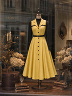 Retro Yellow Faux Two‑Piece Midi Dress