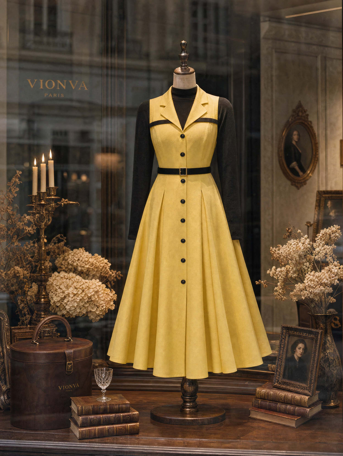 Retro Yellow Faux Two‑Piece Midi Dress