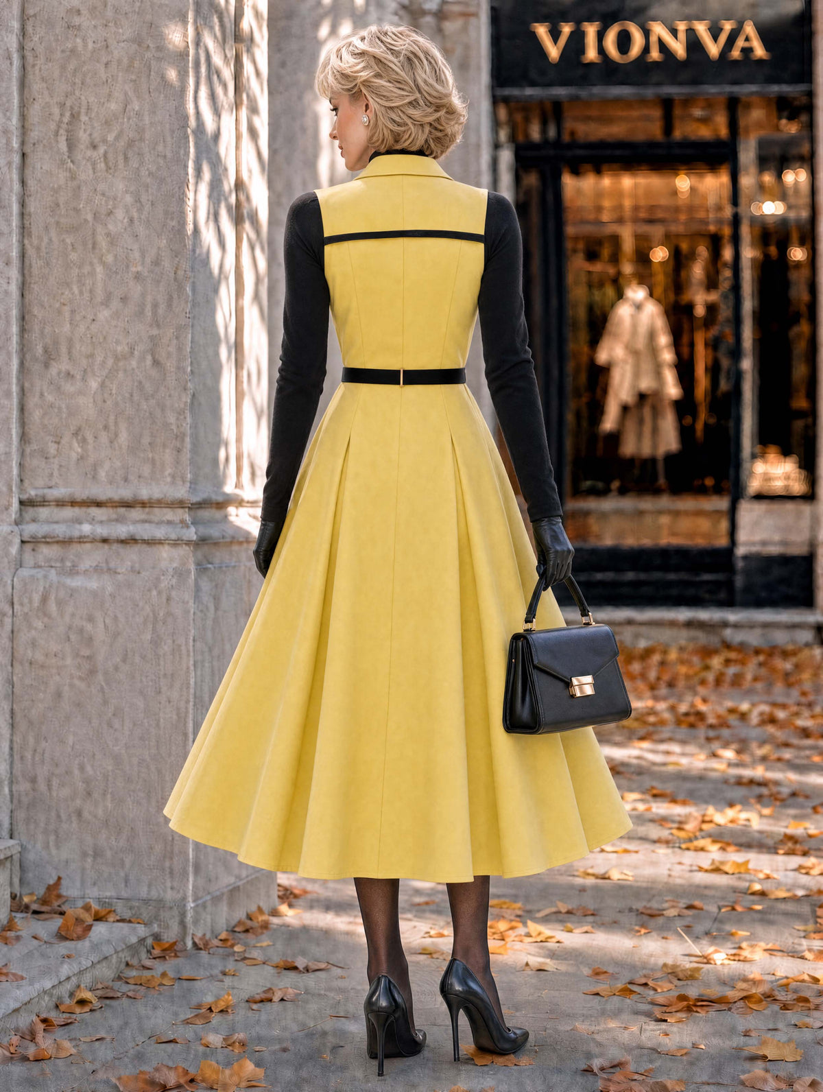Retro Yellow Faux Two‑Piece Midi Dress
