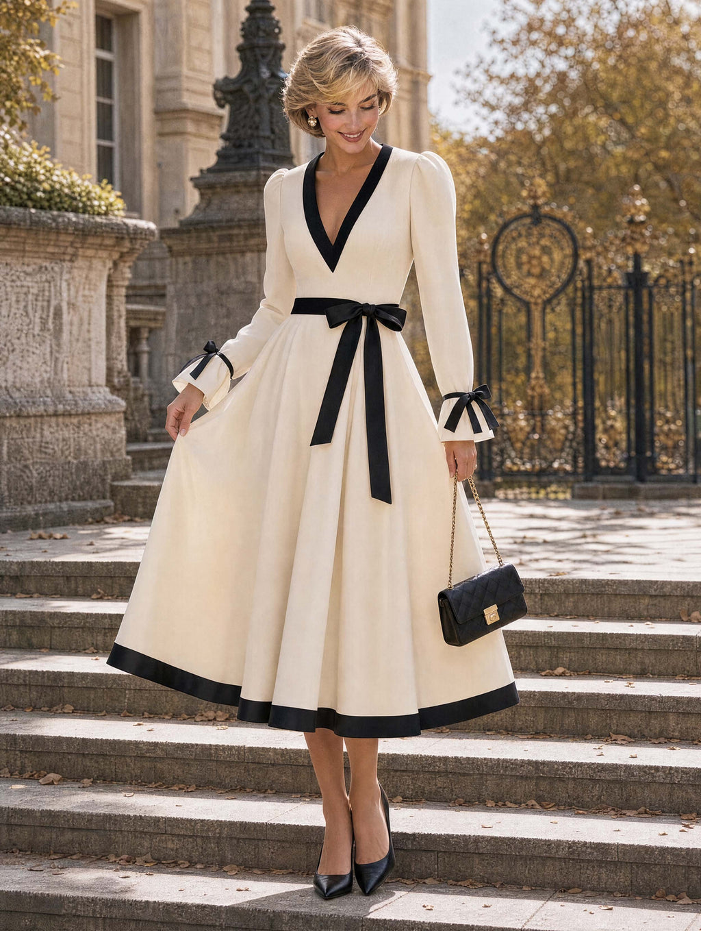 Vintage Cream Midi Dress Black Contrast Trim