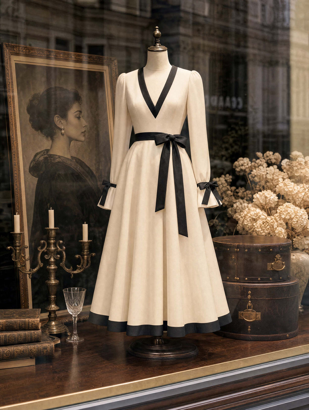 Vintage Cream Midi Dress Black Contrast Trim