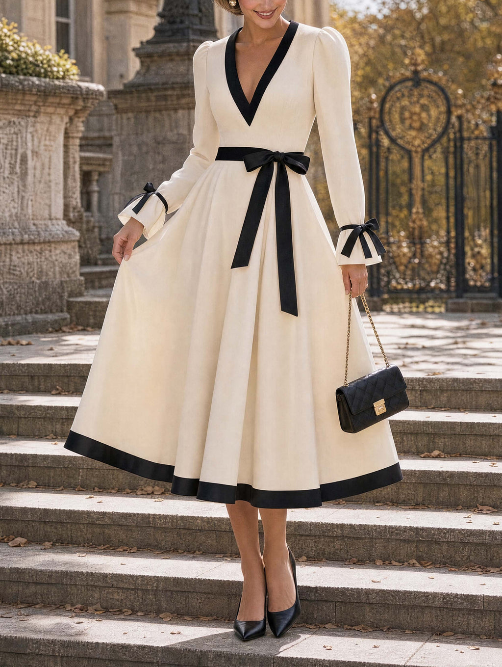 Vintage Cream Midi Dress Black Contrast Trim