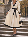 Vintage Cream Midi Dress Black Contrast Trim