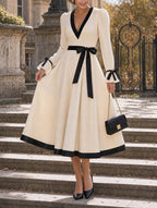 Vintage Cream Midi Dress Black Contrast Trim