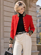 Vintage Embroidered Military Red Cropped Jacket