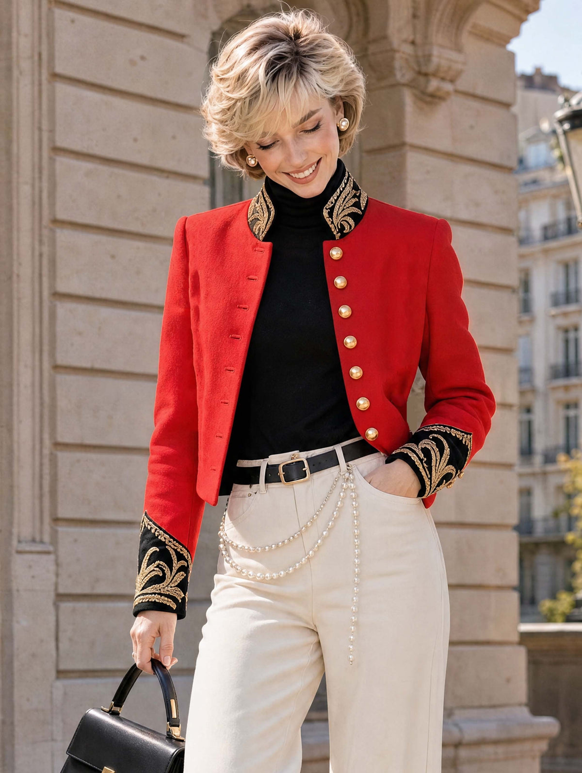 Vintage Embroidered Military Red Cropped Jacket