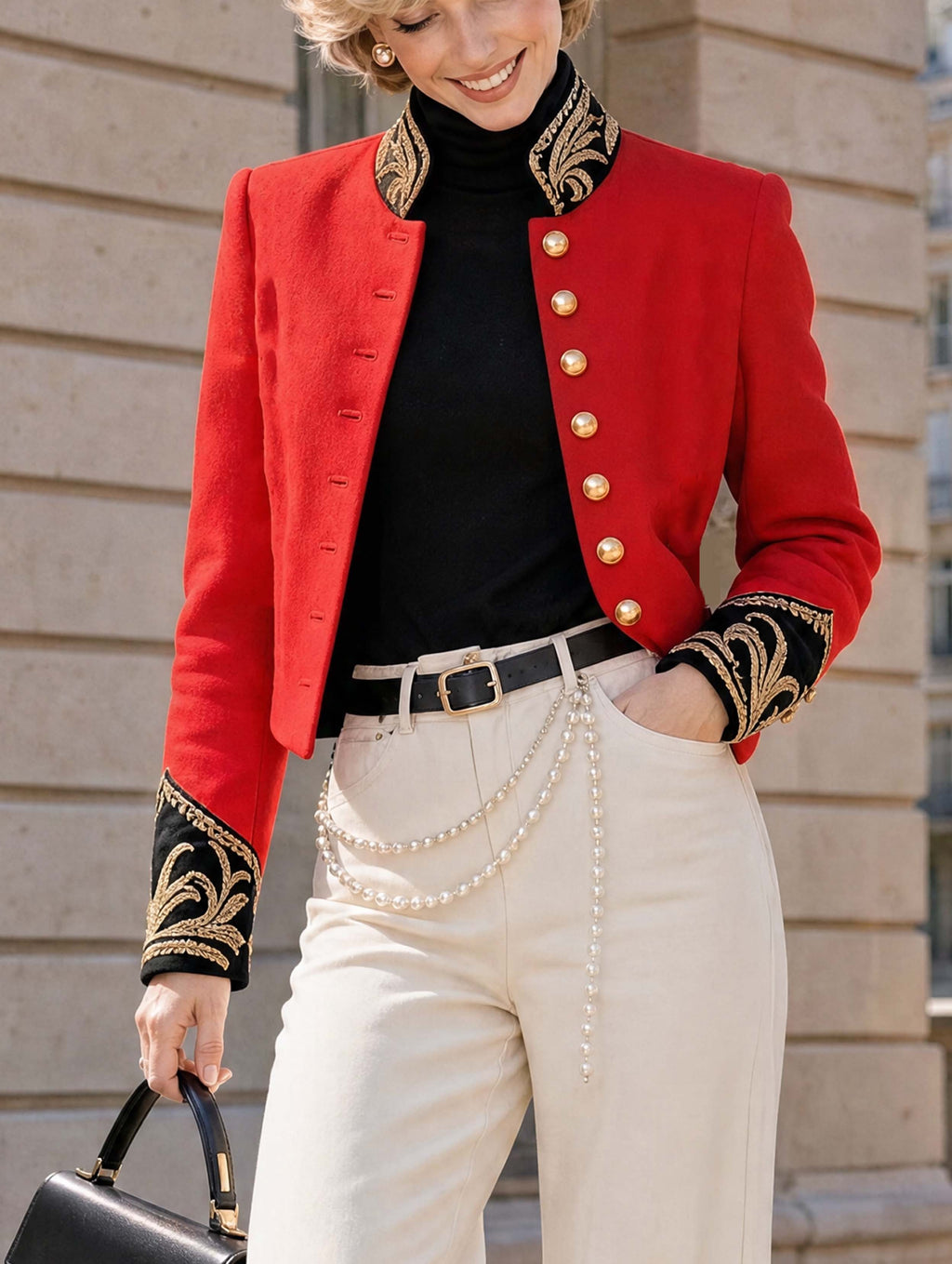 Vintage Embroidered Military Red Cropped Jacket