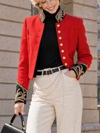 Vintage Embroidered Military Red Cropped Jacket