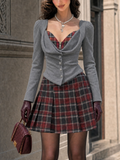 Vintage Plaid Spliced Faux Two-piece Mini Dress