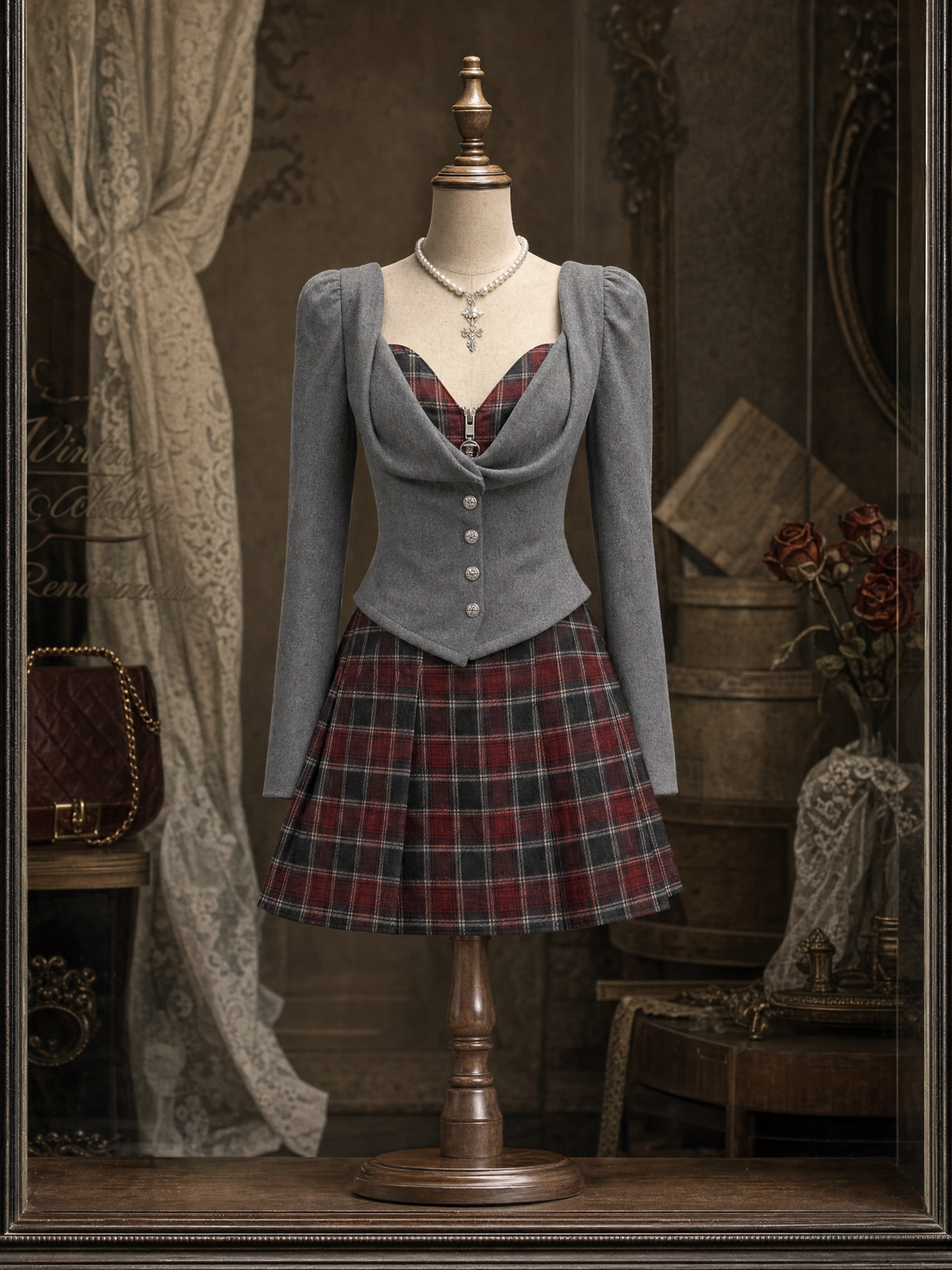 Vintage Plaid Spliced Faux Two-piece Mini Dress