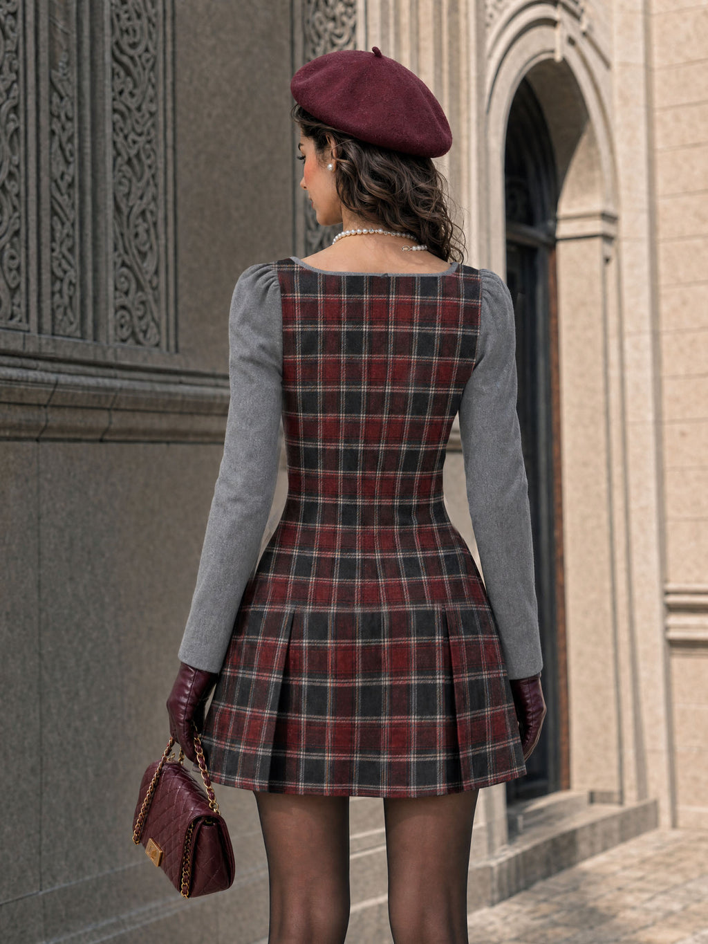 Vintage Plaid Spliced Faux Two-piece Mini Dress