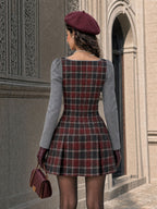 Vintage Plaid Spliced Faux Two-piece Mini Dress