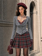 Vintage Plaid Spliced Faux Two-piece Mini Dress