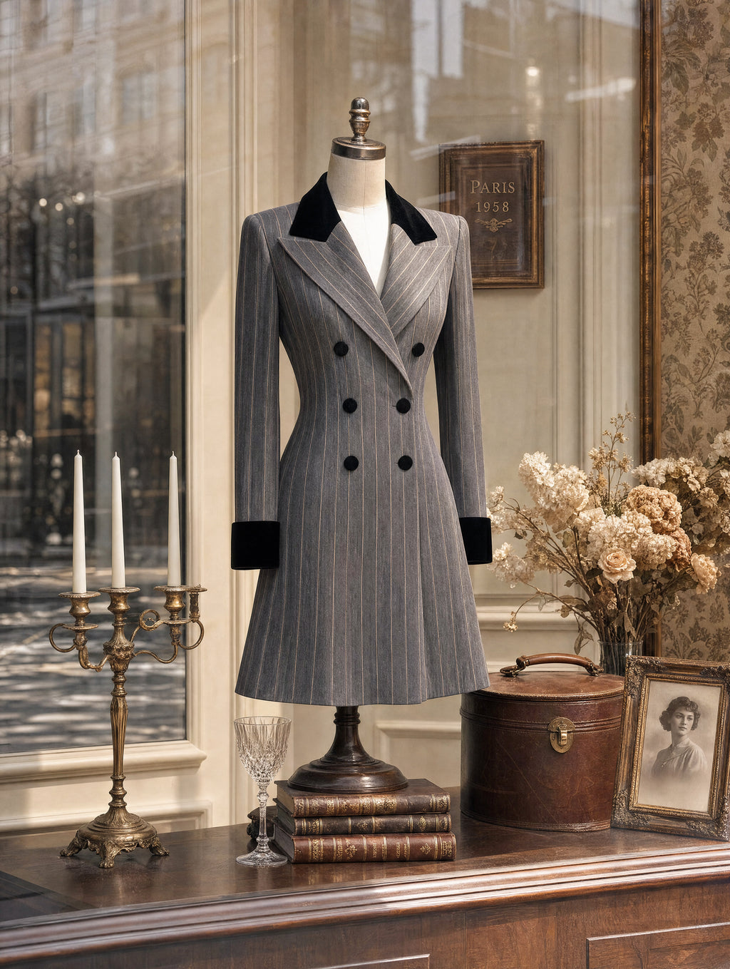 Retro Pinstripe Velvet Collar Mini Blazer