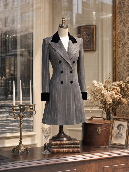 Retro Pinstripe Velvet Collar Mini Blazer