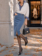 Retro Asymmetric Slit Midi Denim Skirt