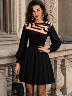 Vintage Geometric Black Buttoned Pleated Mini Dress
