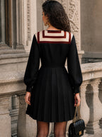 Vintage Geometric Black Buttoned Pleated Mini Dress