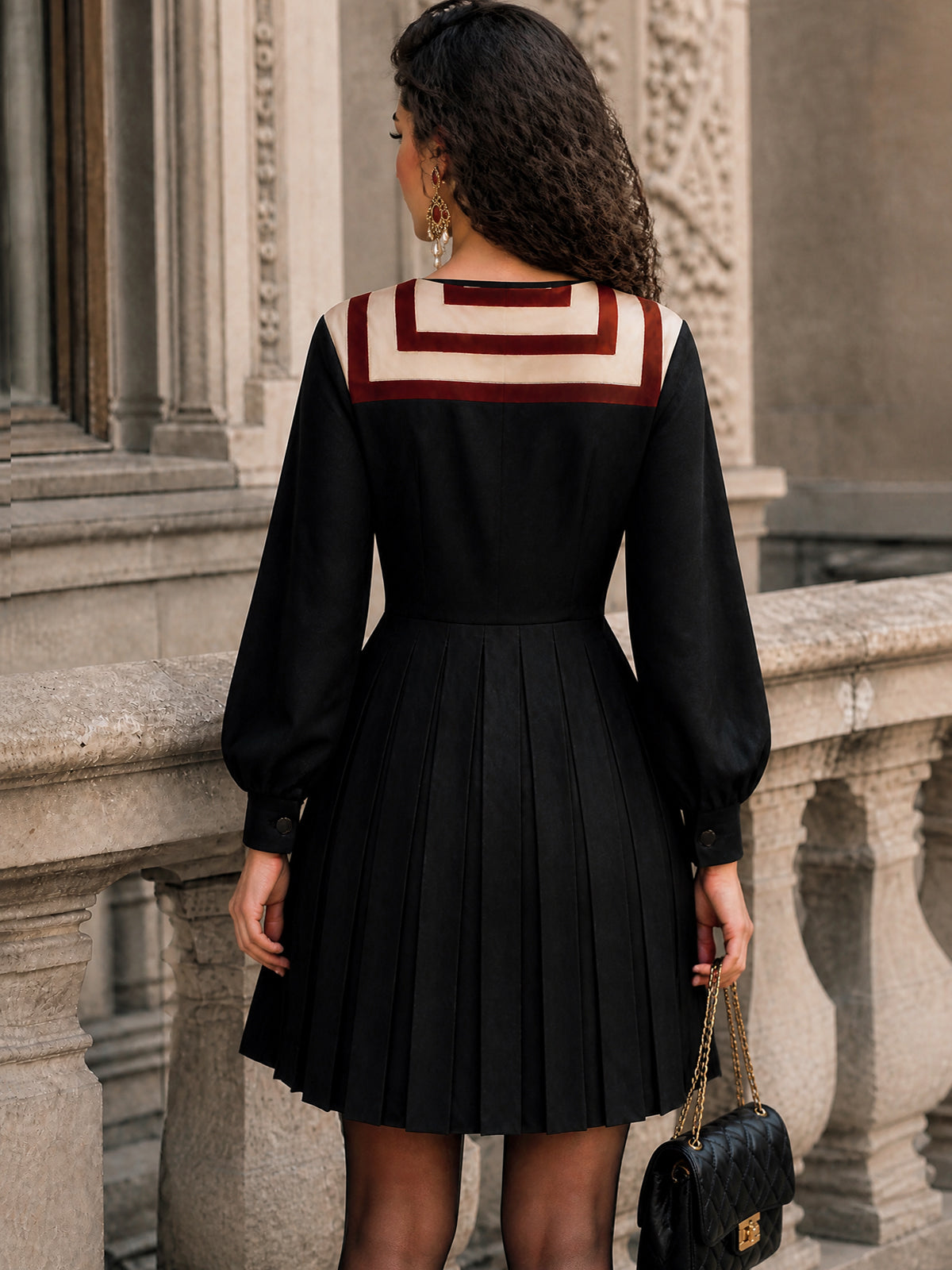 Vintage Geometric Black Buttoned Pleated Mini Dress