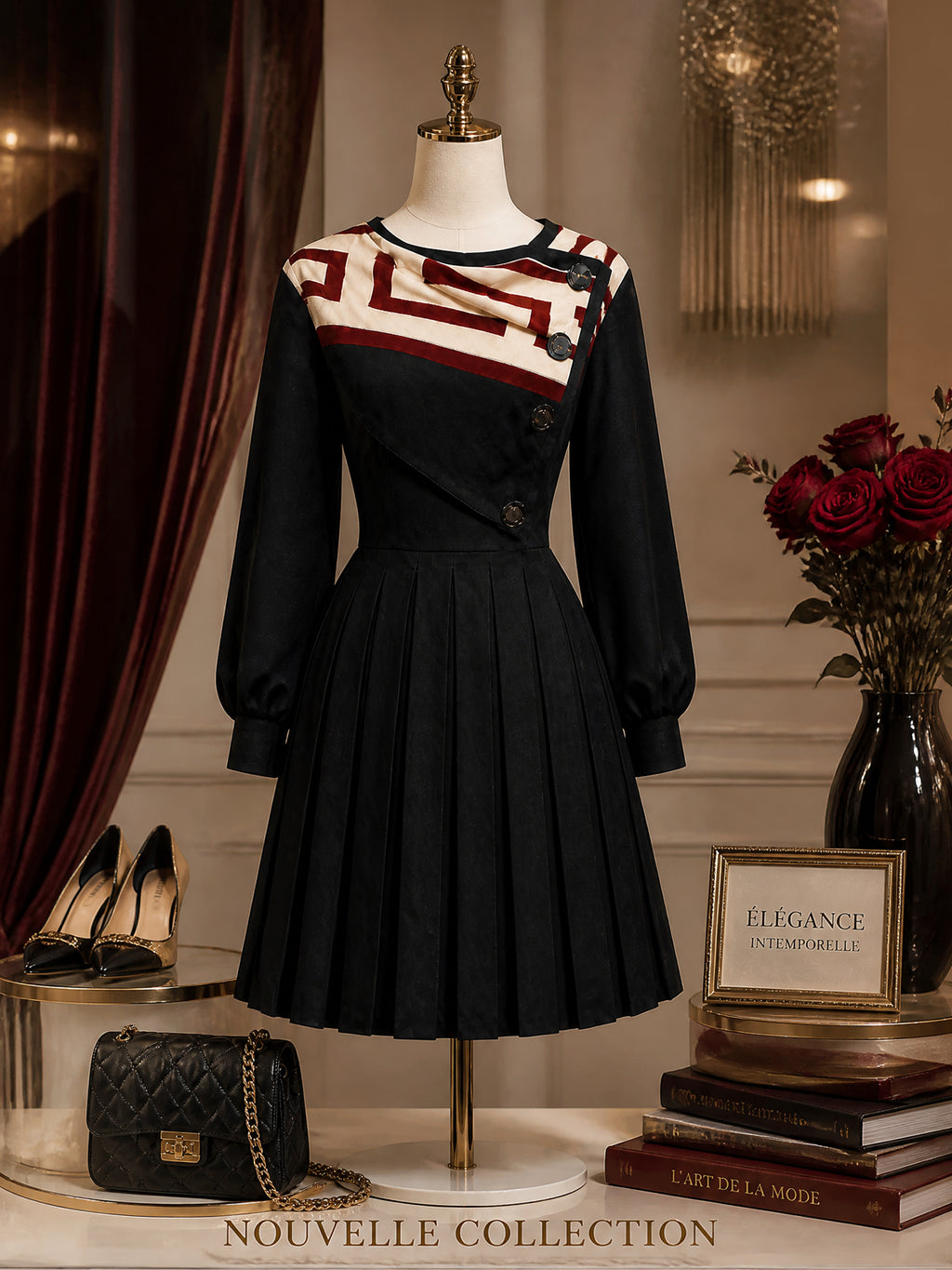 Vintage Geometric Black Buttoned Pleated Mini Dress