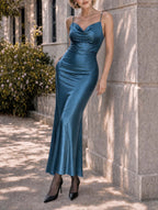 Vintage Retro Teal Satin Midi Dress