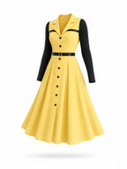 Retro Yellow Faux Two‑Piece Midi Dress