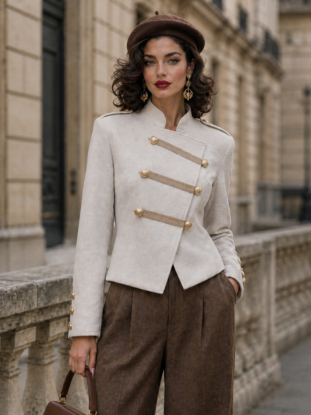 Vintage Gold-Button Military Stand-Collar Wool Jacket