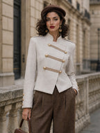 Vintage Gold-Button Military Stand-Collar Wool Jacket