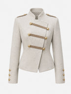 Vintage Gold-Button Military Stand-Collar Wool Jacket