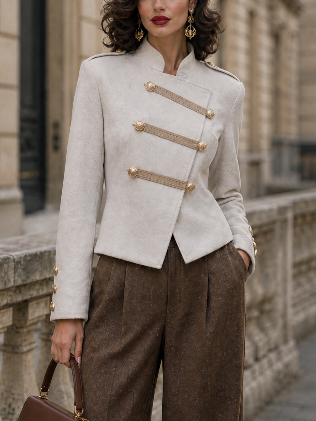 Vintage Gold-Button Military Stand-Collar Wool Jacket