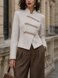 Vintage Gold-Button Military Stand-Collar Wool Jacket