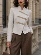 Vintage Gold-Button Military Stand-Collar Wool Jacket