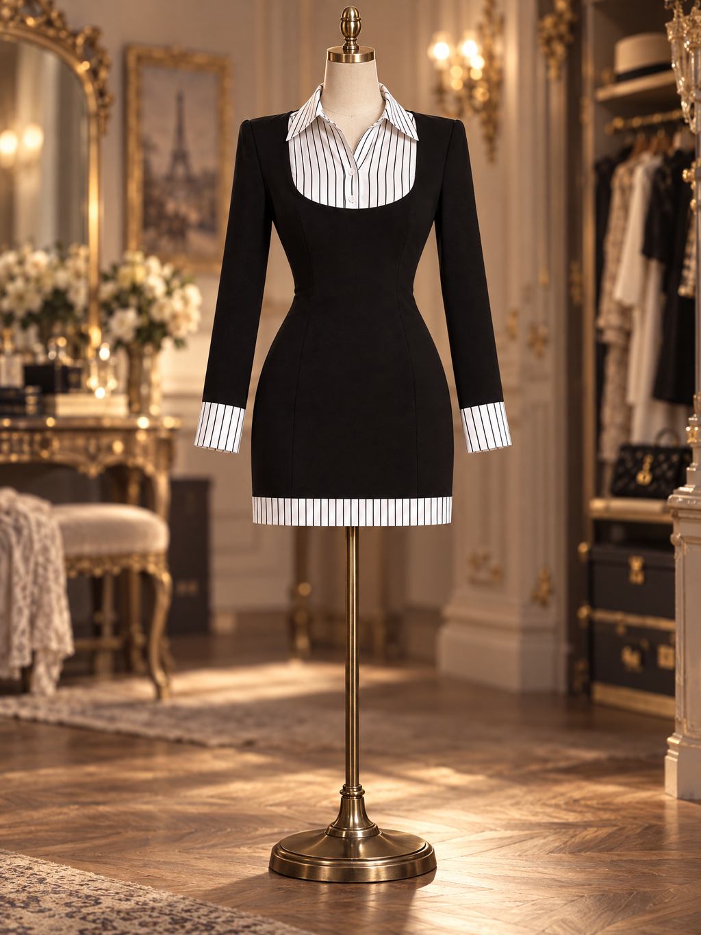 Vintage Fake Two Piece Striped Trim Bodycon Long Sleeve Black Party Office Mini Dress