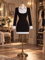 Vintage Fake Two Piece Striped Trim Bodycon Long Sleeve Black Party Office Mini Dress