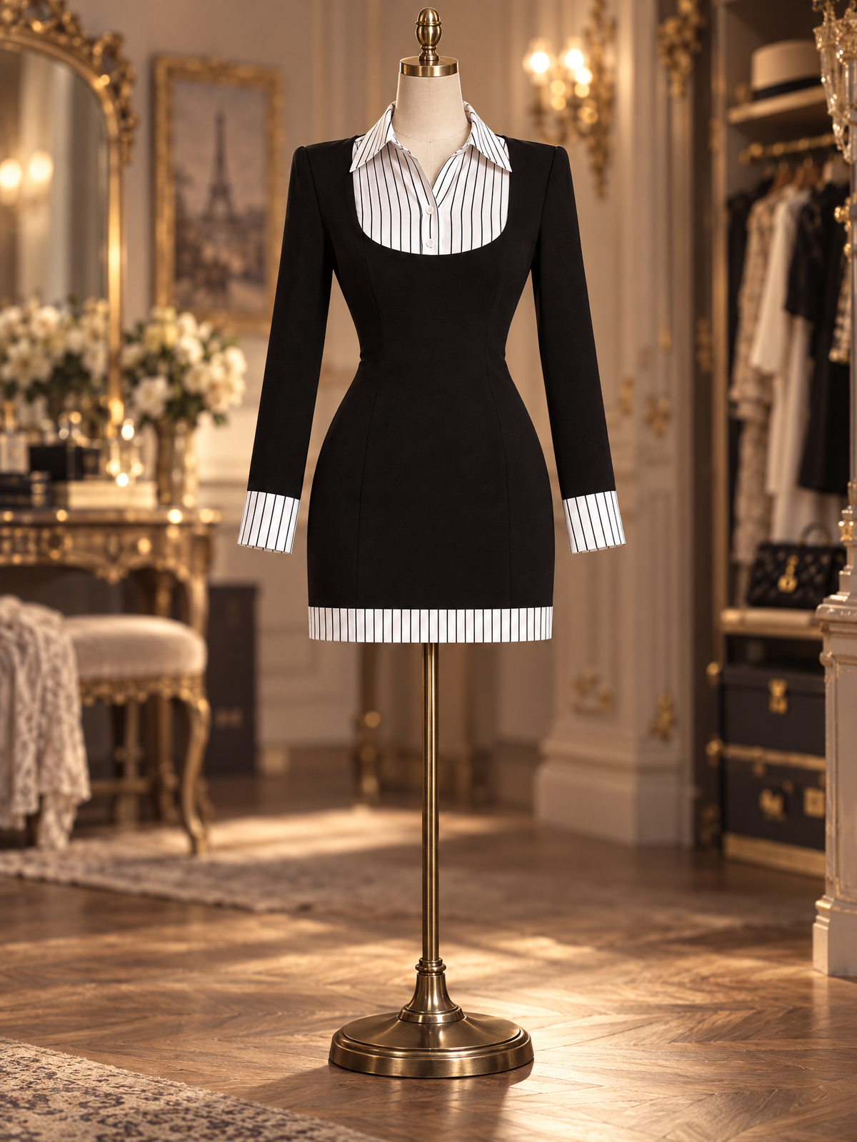 Vintage Fake Two Piece Striped Trim Bodycon Long Sleeve Black Party Office Mini Dress