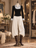 Vintage Striped Collar Fake Two-Piece Top & Wide Leg Pants Set