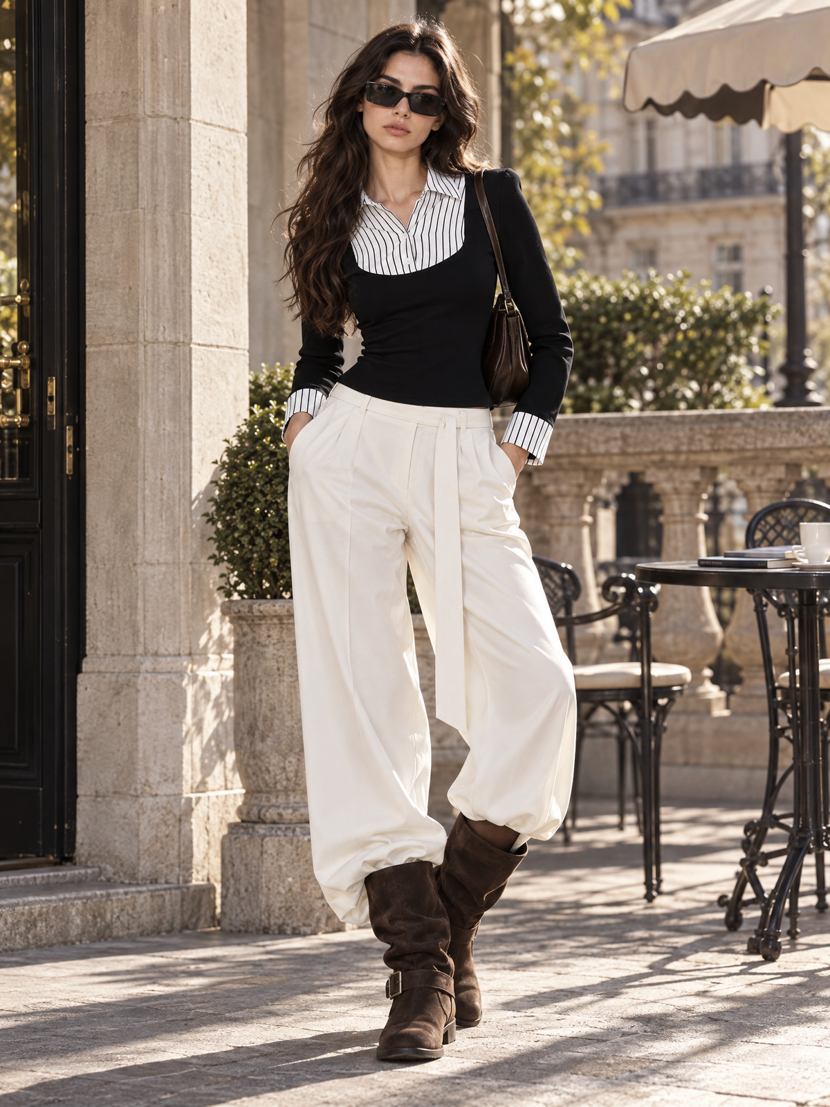 Vintage Striped Collar Fake Two-Piece Top & Wide Leg Pants Set